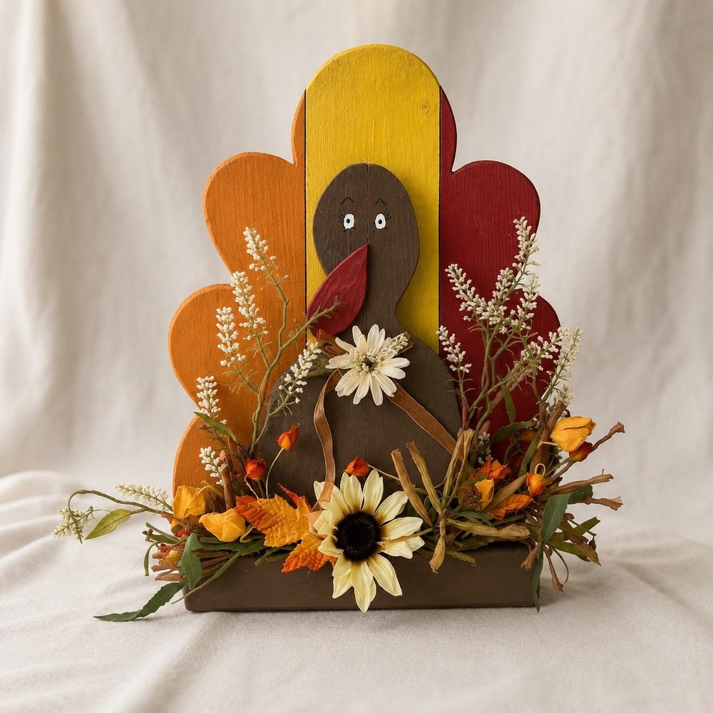 VTG Handmade Wooden Turkey Thanksgiving Decor Large Folk Art Fall Centerpiece